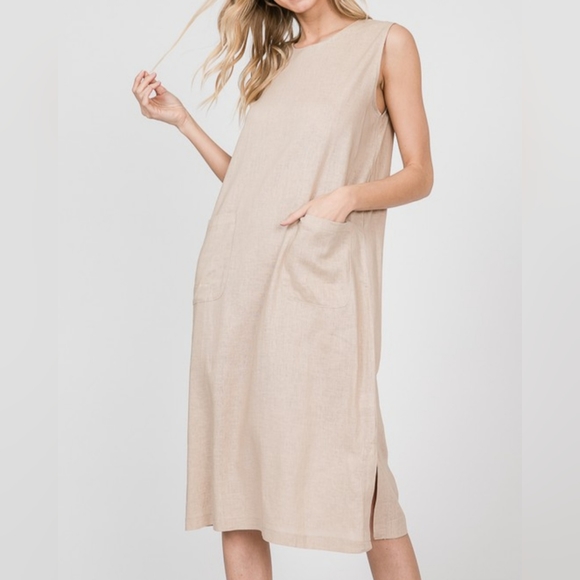 #36 SALE 🛑28 S,M,L FINAL PRICE Linen Blend Front Pockets Sleeveless Midi Dress - Picture 13 of 14